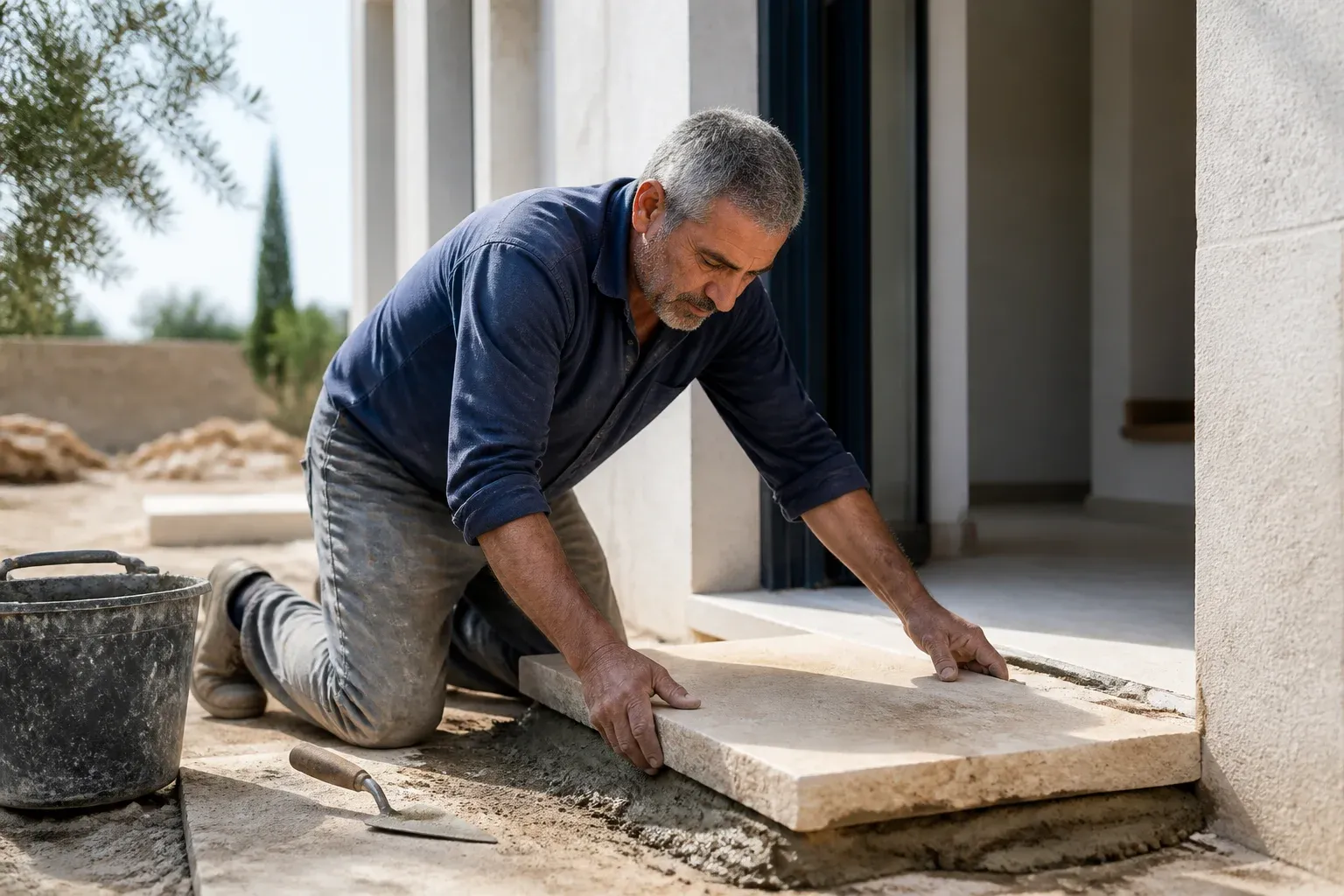 ידיים של בנאי מניחות אבן מדרגה ראשונה בסף בית חדש