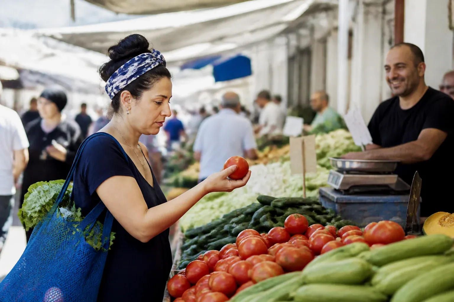 דוכן ירקות בשוק עם מחירים לא קריאים וקונה שבוחנת עגבנייה
