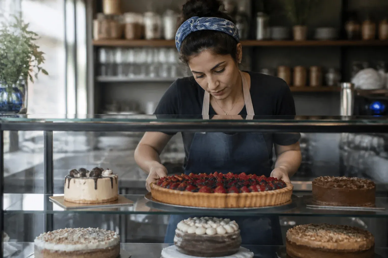 ויטרינת קונדיטוריה עם עוגה מרכזית בולטת ובעלת העסק מסדרת מאחוריה