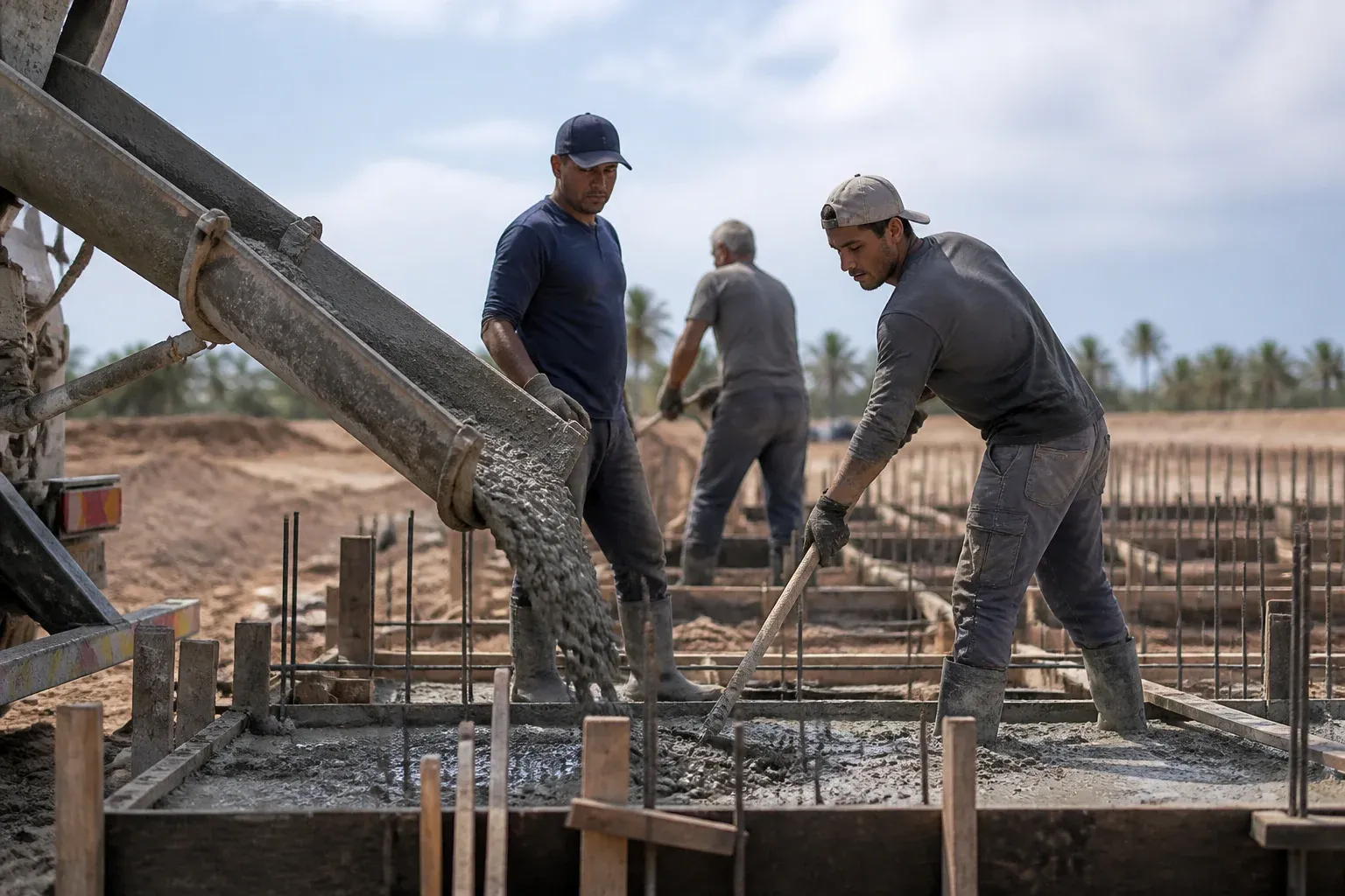 פועלים יוצקים בטון ליסודות בית, מצולמים מהצד