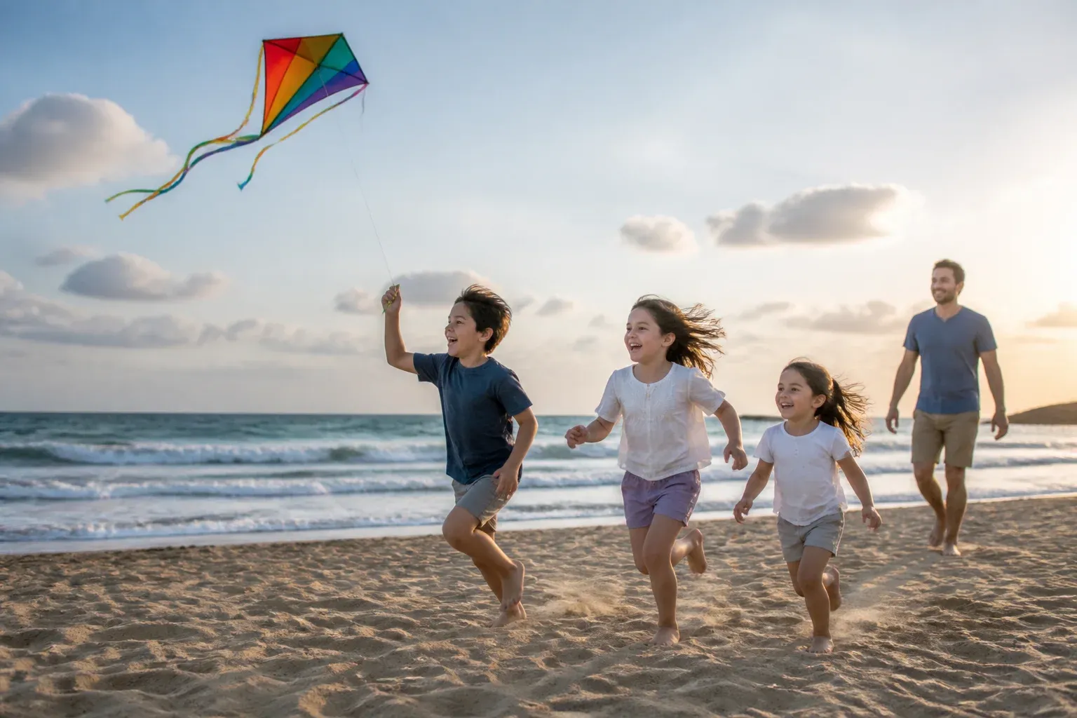 ילדים רצים אחרי עפיפון בחוף ים