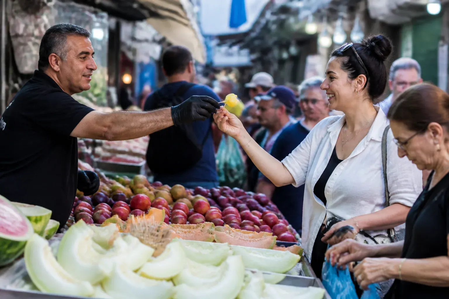 מוכר בשוק מושיט ללקוחה טעימה חינם על קיסם ליד דוכן פירות