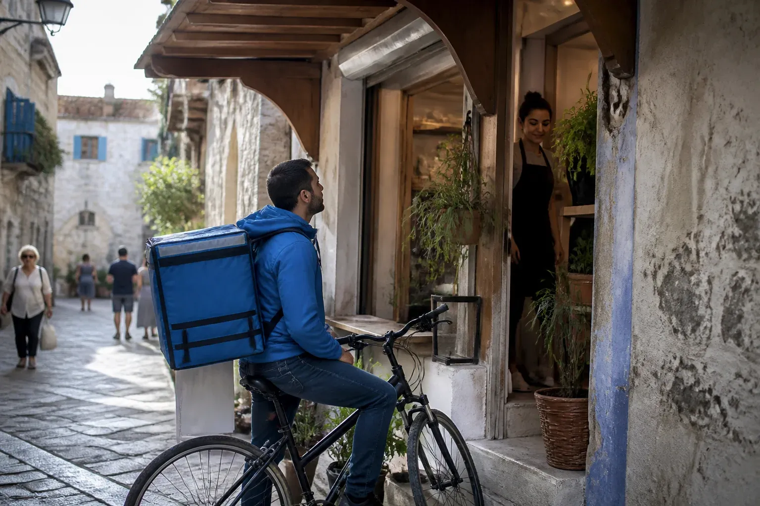 שליח אופניים עוצר ברחוב קטן ומסתכל על חזית חנות ברורה ובולטת