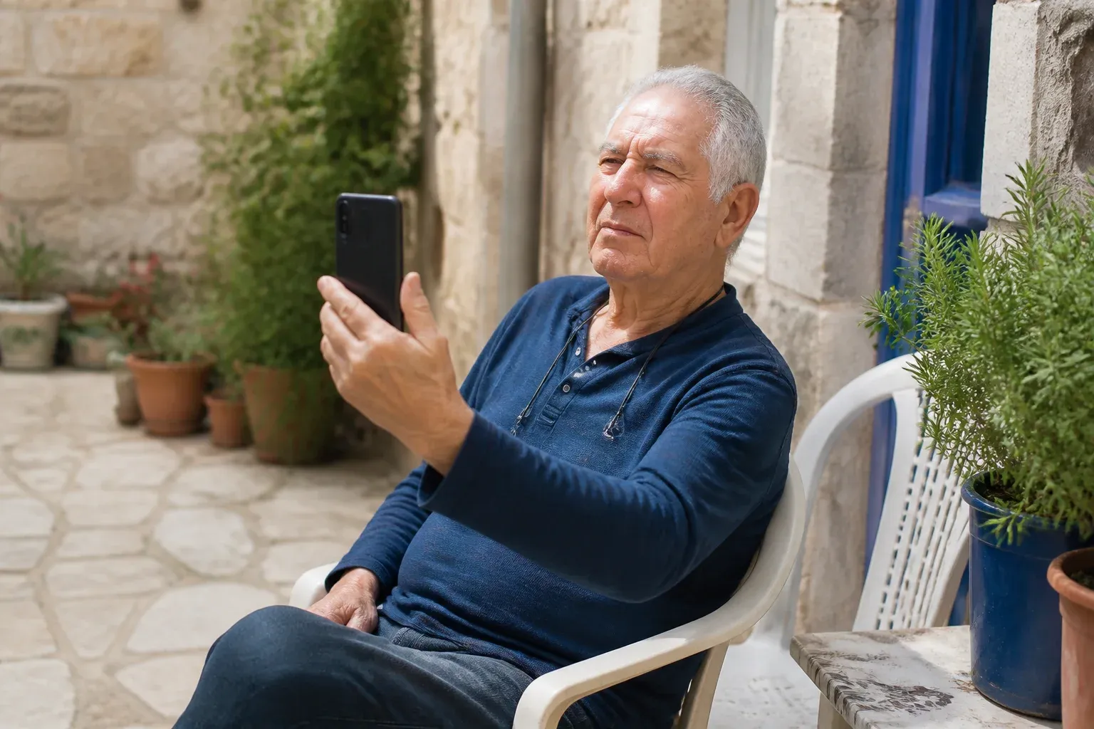 גבר מבוגר מחזיק טלפון במרחק זרוע ומפלס עיניים בחצר שטופת שמש