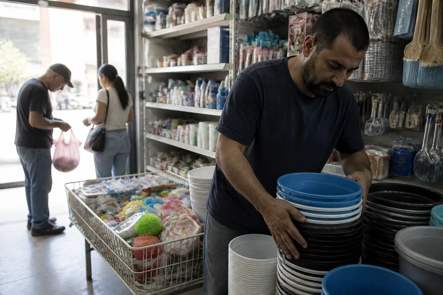חנות כל בו עם ארגז מבצעים ובעל חנות מסדר סחורה