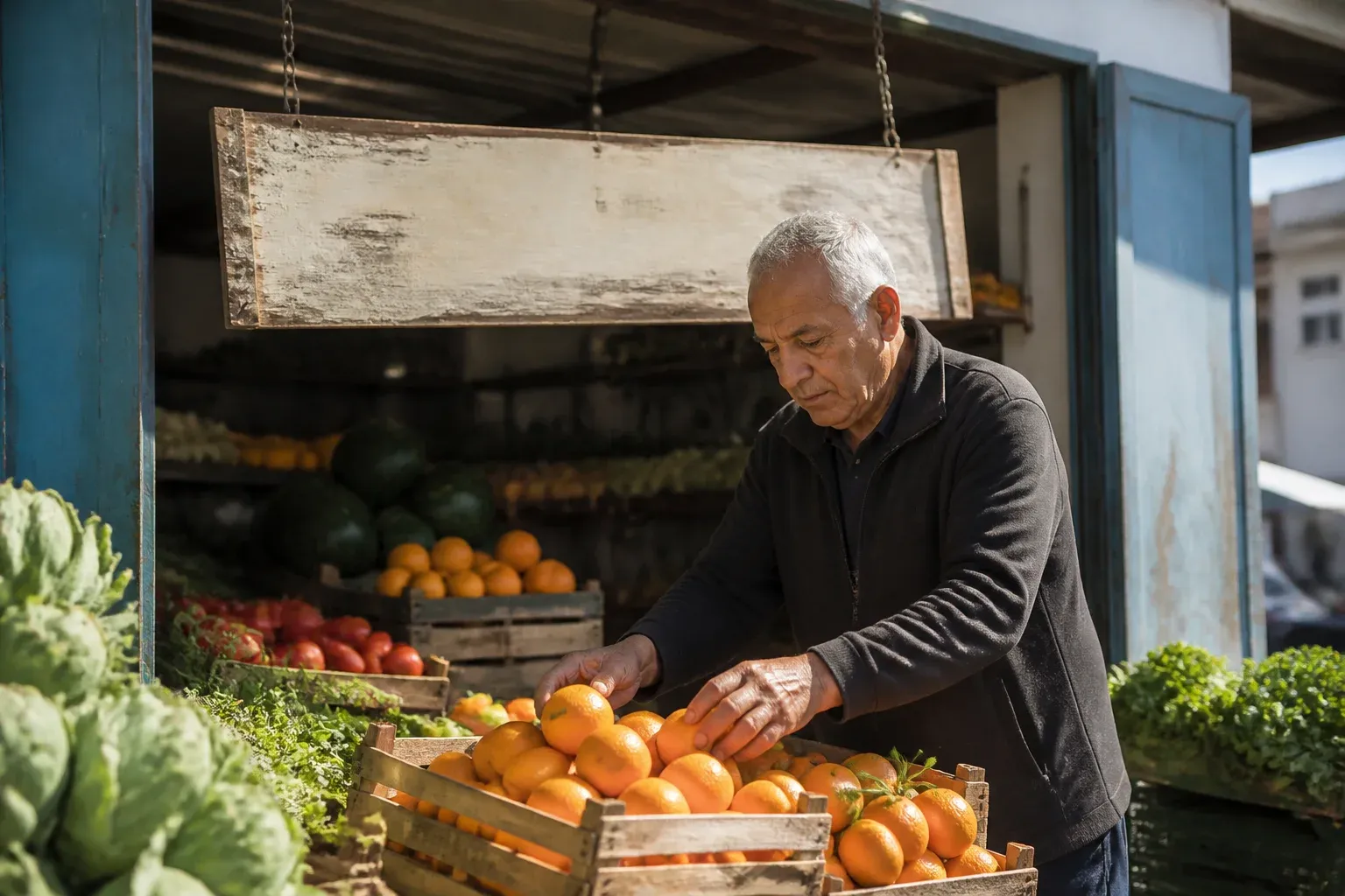 מוכר ירקות מסדר ארגזי תפוזים בדוכן בשוק בבוקר