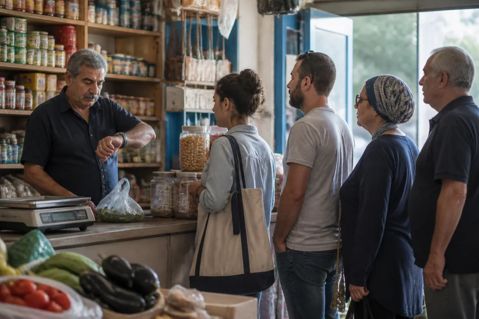 בעל חנות מציץ בשעון היד מאחורי דלפק מכולת