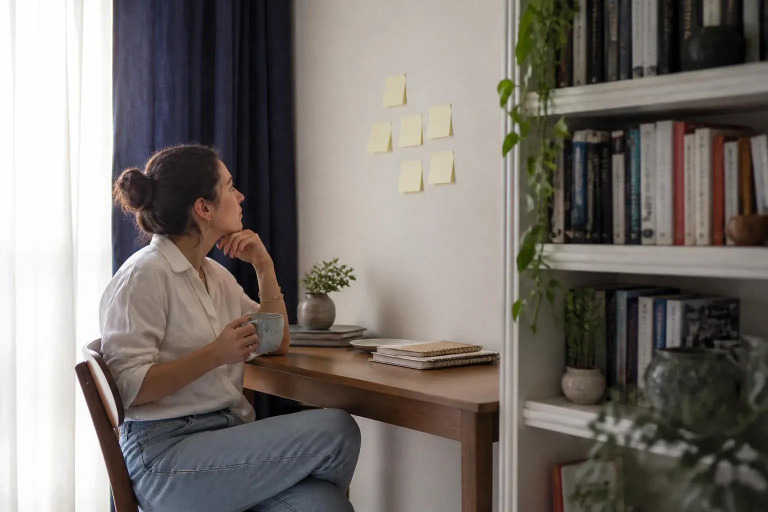 אישה יושבת בפינת עבודה בחדר פנוי בבית ומסתכלת על פתקים ריקים שמודבקים על הקיר