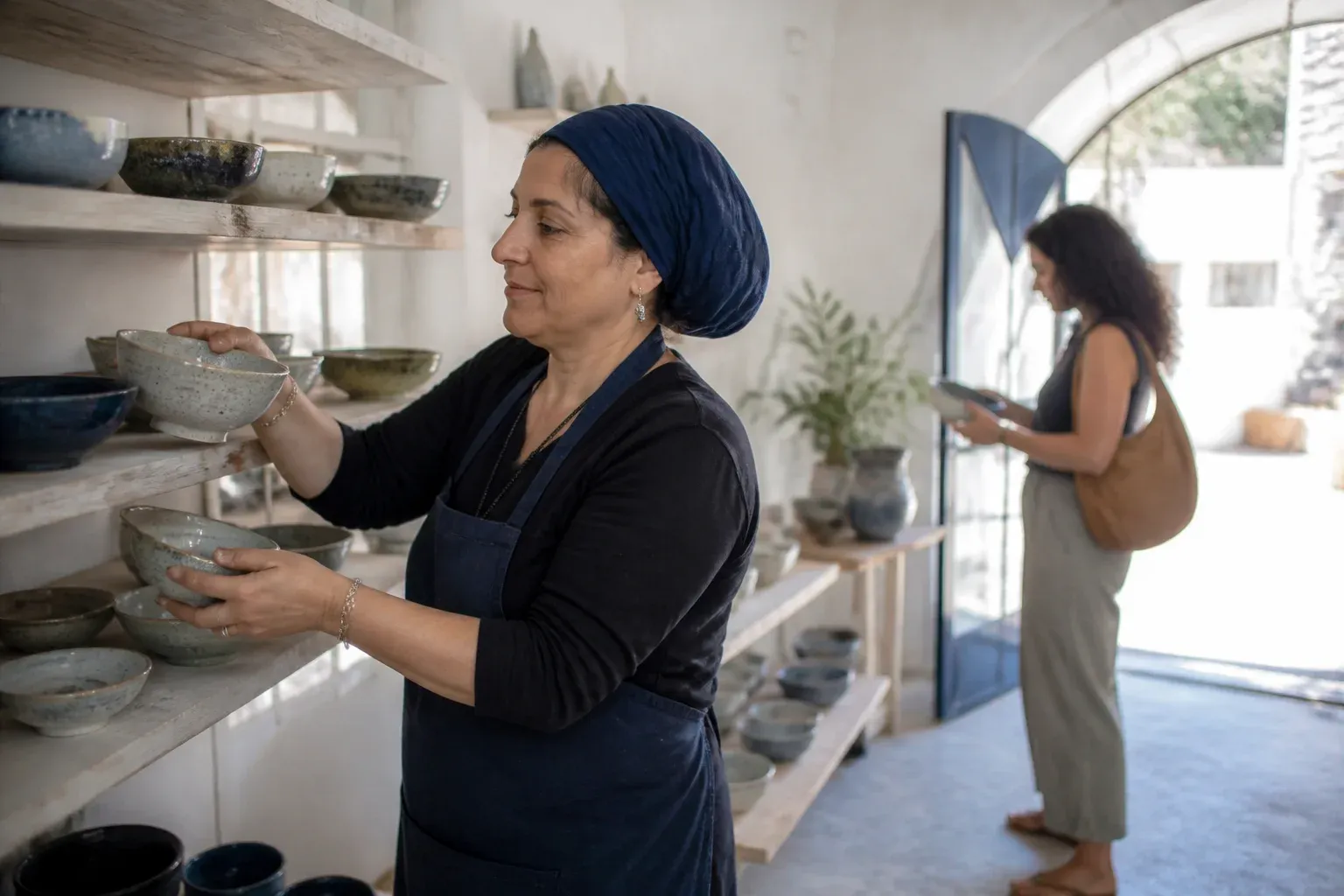 בעלת חנות קרמיקה קטנה מסדרת כלים ולקוח מסתכל מהצד