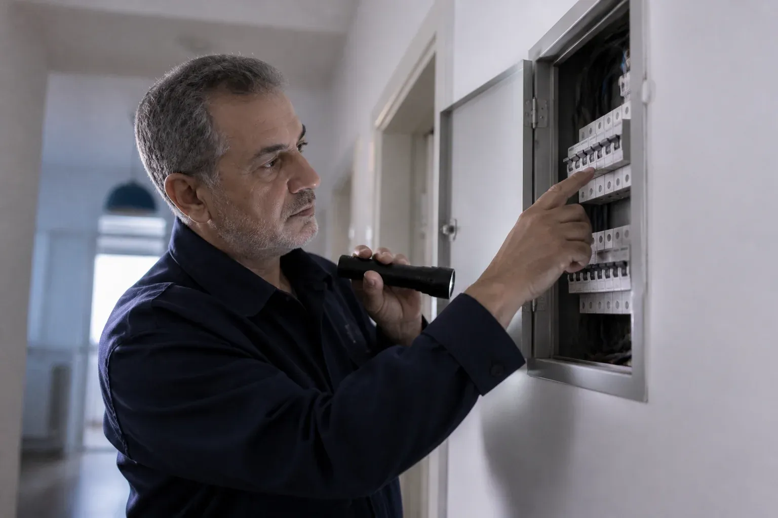 ידיים של חשמלאי בוחנות לוח חשמל פתוח בקיר