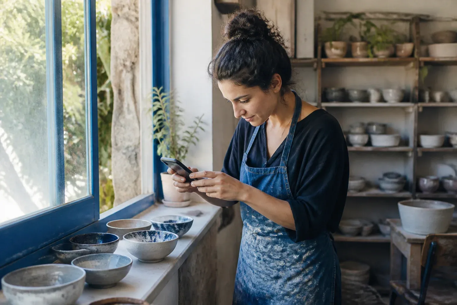 יוצרת מצלמת בטלפון כלי קרמיקה שהכינה, כשהם מונחים על אדן חלון