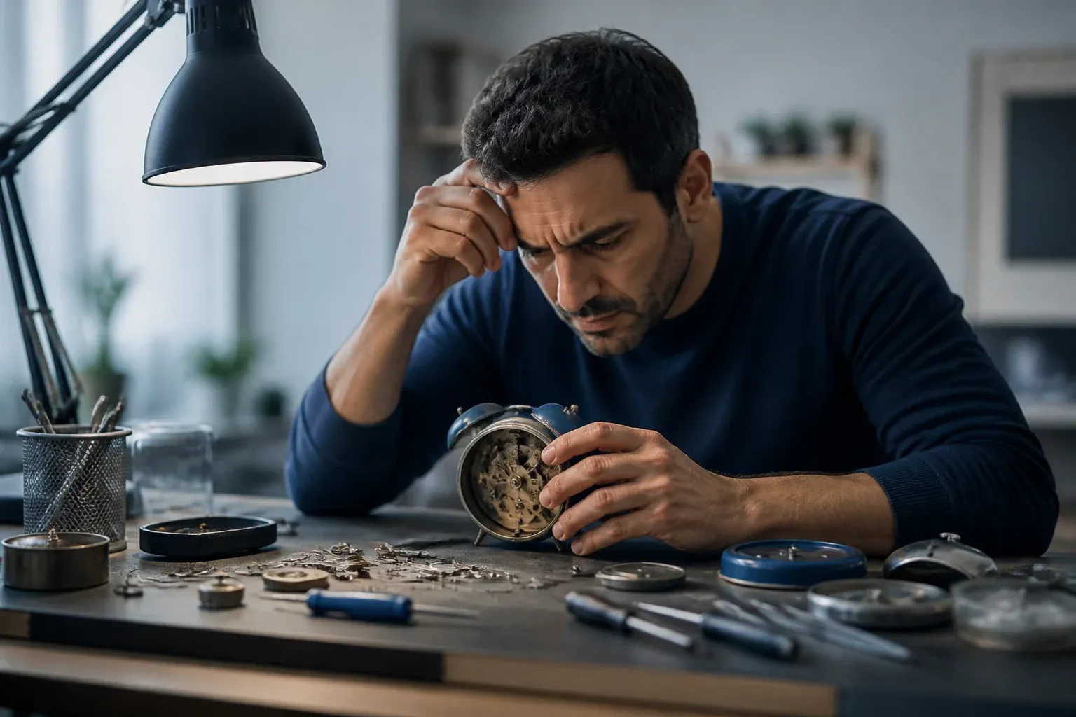 שולחן עבודה עמוס עם שעון מעורר מפורק ומברגים וידיים באמצע תיקון