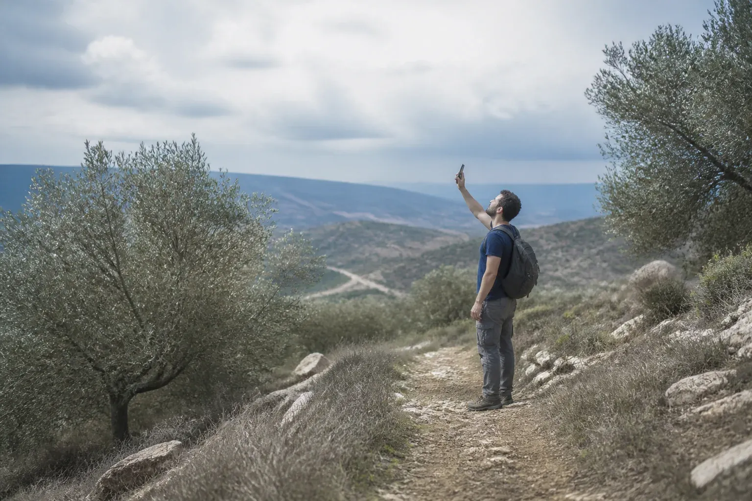 מטייל מחזיק טלפון מורם לשמיים בשביל כפרי
