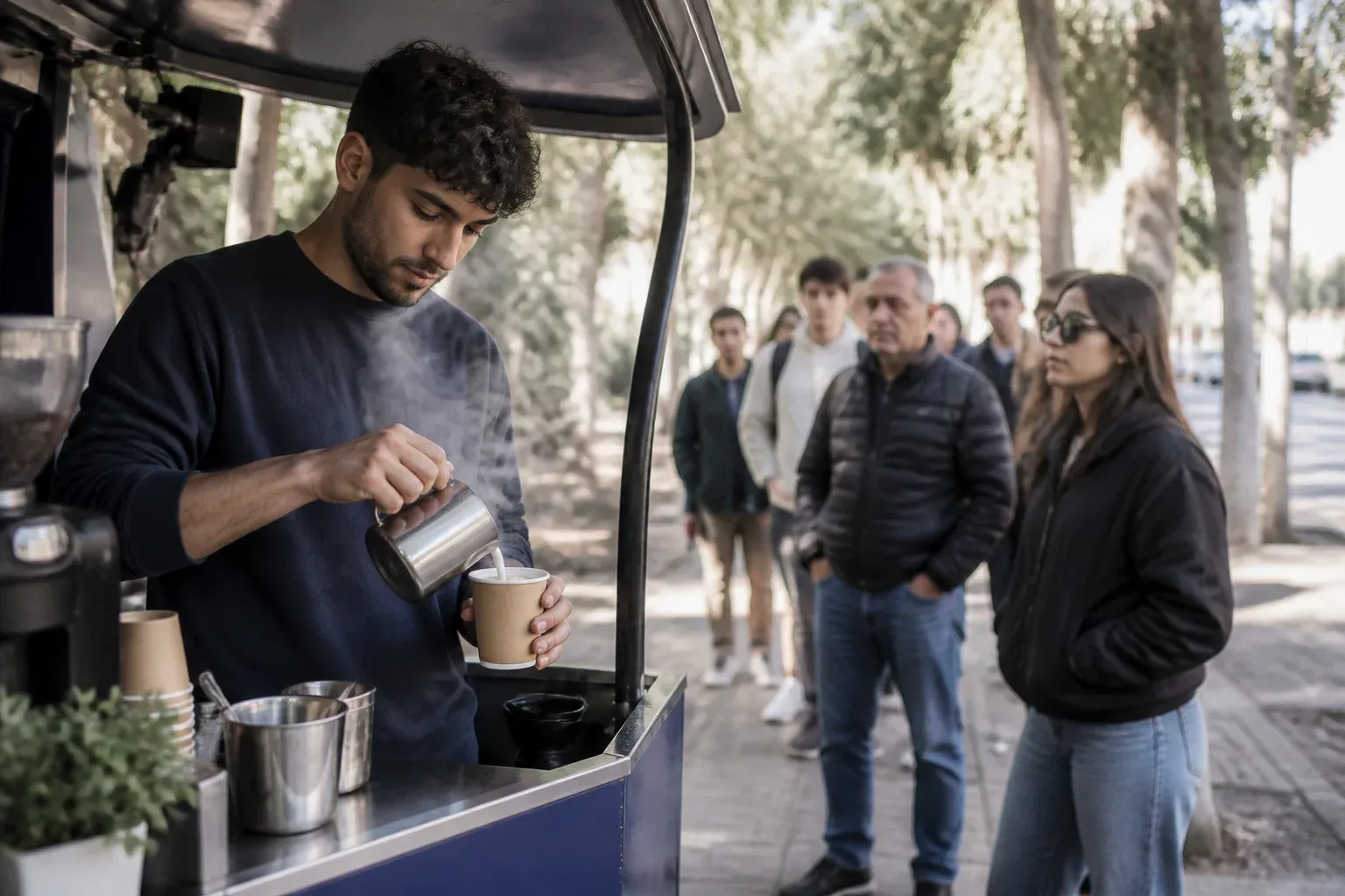 עגלת קפה קטנה בבוקר עם בריסטה מכינה כוס