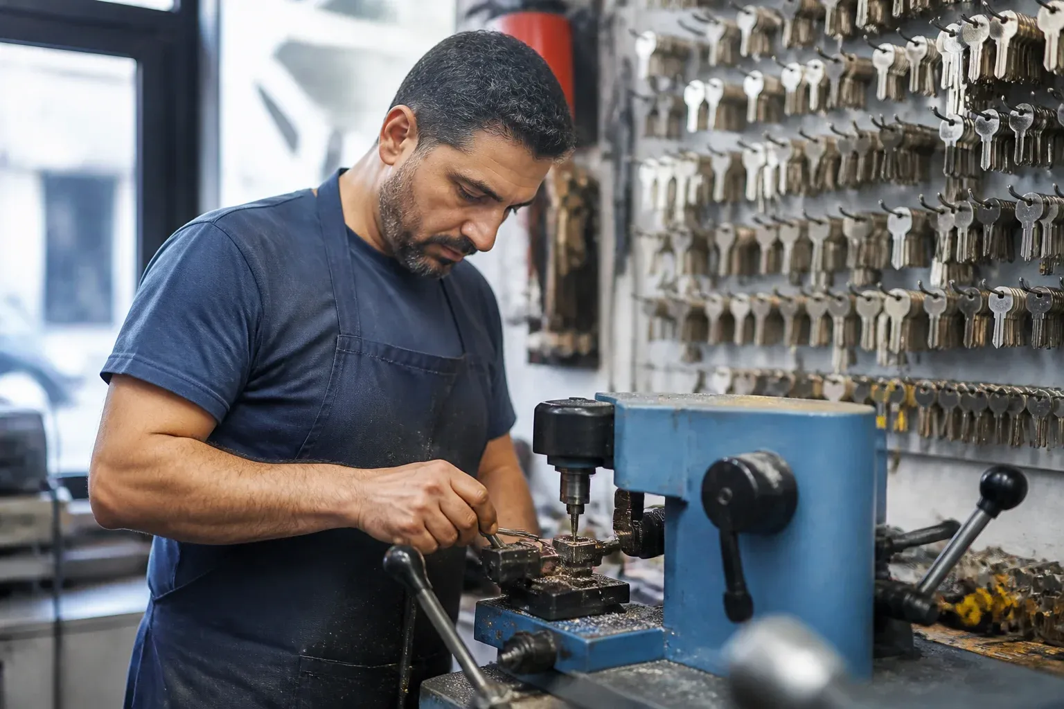 מסגר בסינר עובד על מכונת חיתוך מפתחות בחנות קטנה